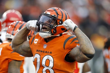 Jan 2, 2022; Cincinnati, Ohio, USA; Cincinnati Bengals running back Joe Mixon (28) celebrates after the game against the Kansas City Chiefs at Paul Brown Stadium. Mandatory Credit: Joseph Maiorana-USA TODAY Sports