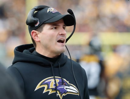 Dec 11, 2022; Pittsburgh, Pennsylvania, USA; Baltimore Ravens defensive coordinator Mike Macdonald reacts on the sidelines against the Pittsburgh Steelers during the second quarter at Acrisure Stadium. Mandatory Credit: Charles LeClaire-USA TODAY Sports