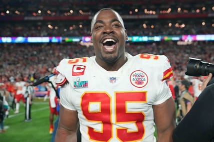 Feb 12, 2023; Glendale, Arizona, US; Kansas City Chiefs defensive tackle Chris Jones (95) celebrates after winning Super Bowl LVII against the Philadelphia Eagles at State Farm Stadium. Mandatory Credit: Kirby Lee-USA TODAY Sports