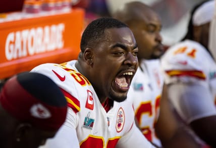 Feb 12, 2023; Glendale, Arizona, US; Kansas City Chiefs defensive tackle Chris Jones (95) reacts on the sidelines against the Philadelphia Eagles during the second quarter of Super Bowl LVII at State Farm Stadium. Mandatory Credit: Mark J. Rebilas-USA TODAY Sports