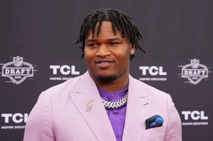 Apr 27, 2023; Kansas City, MO, USA; Georgia Bulldogs defensive end Jalen Carter poses on the red carpet at the National World War I Museum and Memorial. Mandatory Credit: Kirby Lee-USA TODAY Sports