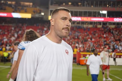 Sep 7, 2023; Kansas City, Missouri, USA; Kansas City Chiefs tight end Travis Kelce (87) on field against the Detroit Lions after the game at GEHA Field at Arrowhead Stadium. Mandatory Credit: Denny Medley-USA TODAY Sports