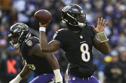 Dec 31, 2023; Baltimore, Maryland, USA; Baltimore Ravens quarterback Lamar Jackson (8) throws during the during the first quarter against the Miami Dolphins at M&T Bank Stadium. Mandatory Credit: Tommy Gilligan-USA TODAY Sports