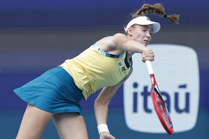 Mar 28, 2024; Miami Gardens, FL, USA; Elena Rybakina
(KAZ) serves against Victoria Azarenka (not pictured) on day eleven of the Miami Open at Hard Rock Stadium. Mandatory Credit: Geoff Burke-USA TODAY Sports