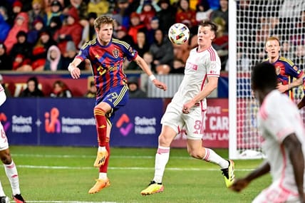 Mar 30, 2024; Sandy, Utah, USA; Real Salt Lake midfielder Bode Hidalgo (19) and St. Louis CITY SC midfielder Chris Durkin (8) battles for possession during the first half at America First Field. Mandatory Credit: Christopher Creveling-USA TODAY Sports